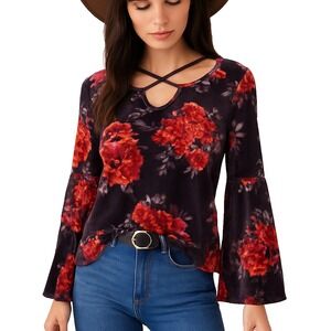 Velvet Floral Bell Sleeve Top Womens M Boho Romantic Crisscross Neck
